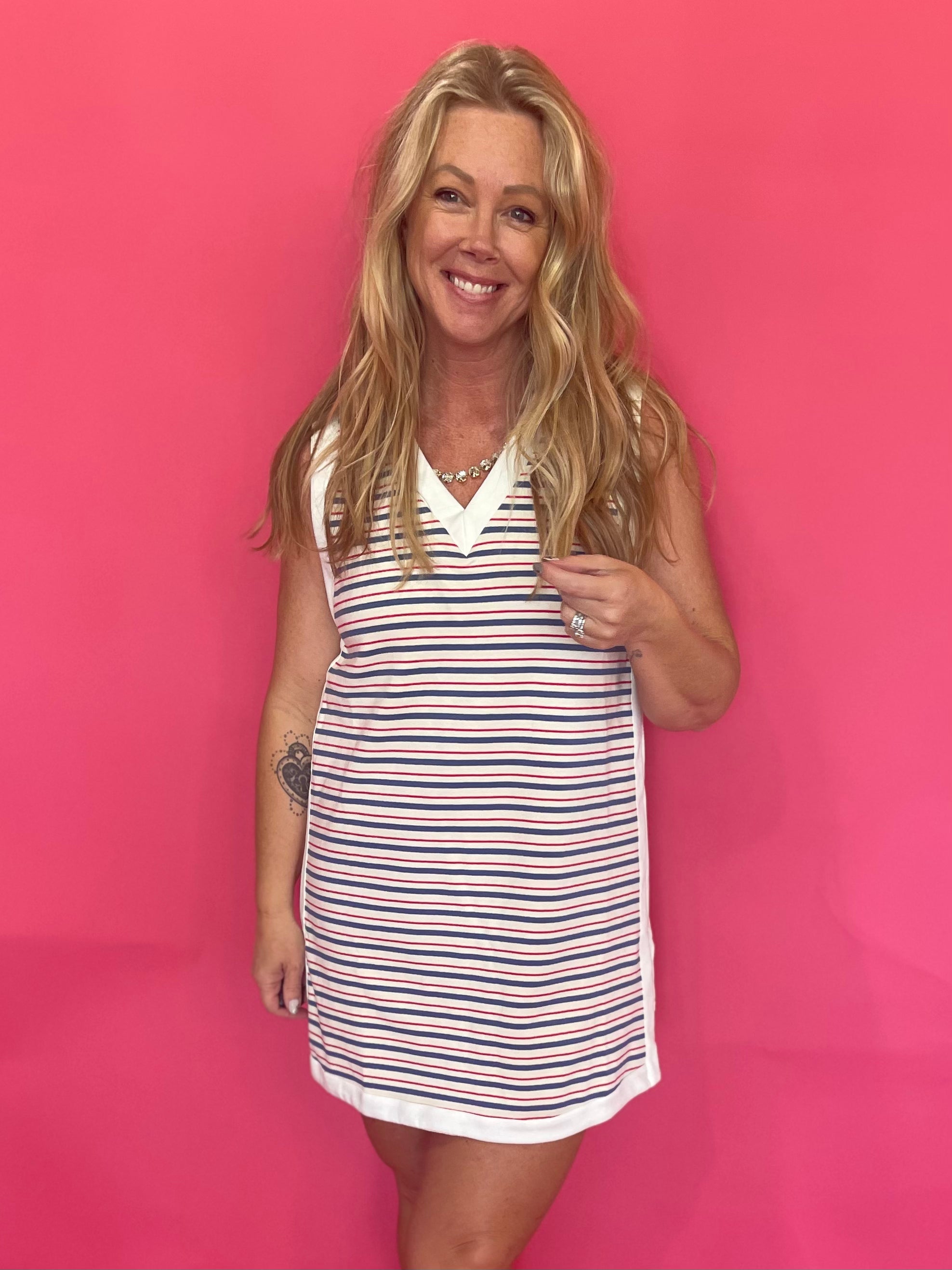 Retro striped sleeveless knit mini dress with contrast V-neck trim and side slit – Shabby 2 Chic Boutiques