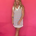 Retro striped sleeveless knit mini dress with contrast V-neck trim and side slit – Shabby 2 Chic Boutiques
