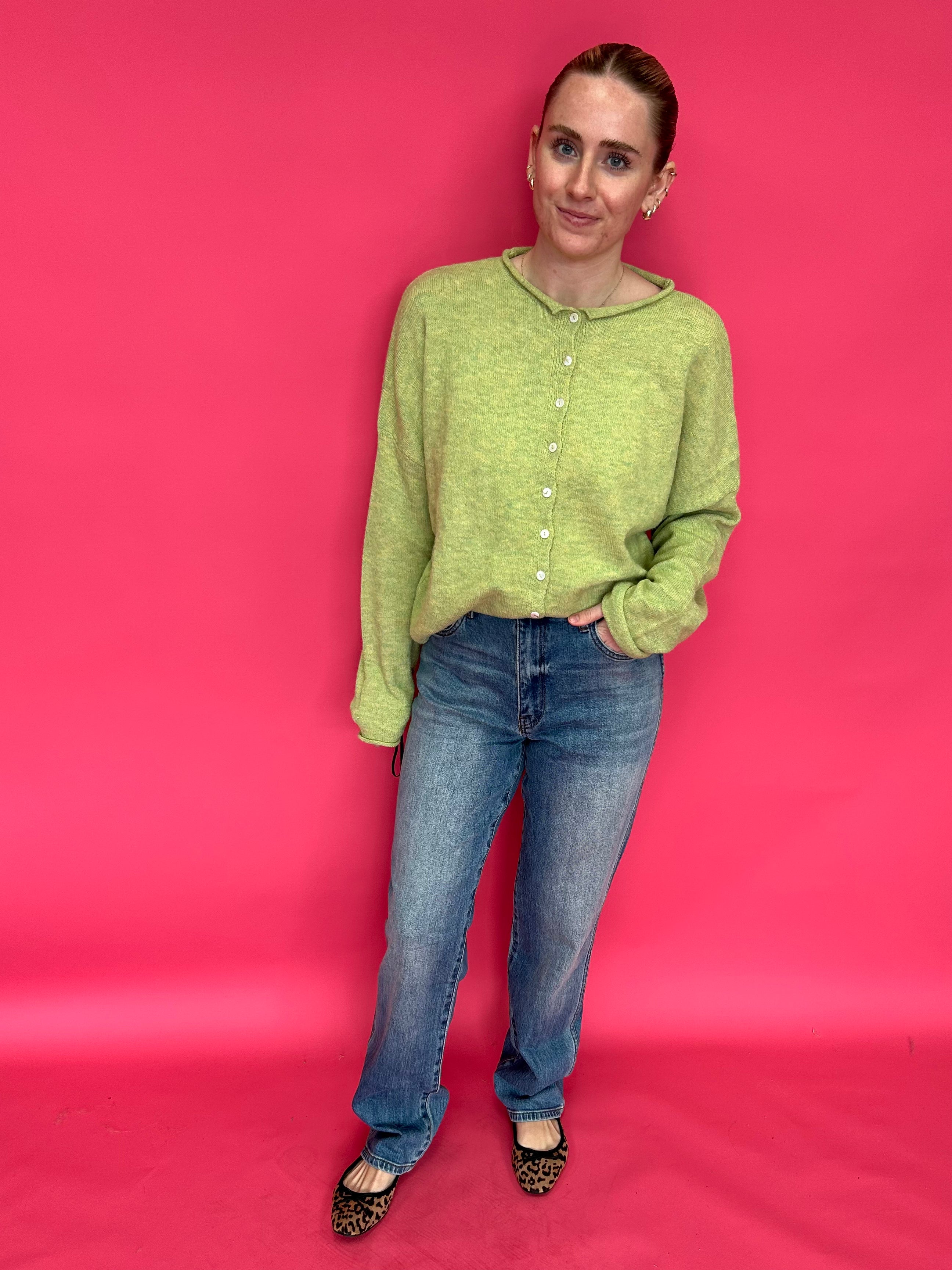 Side view of the straight leg jeans showing the 33 inch inseam and 17 inch leg opening