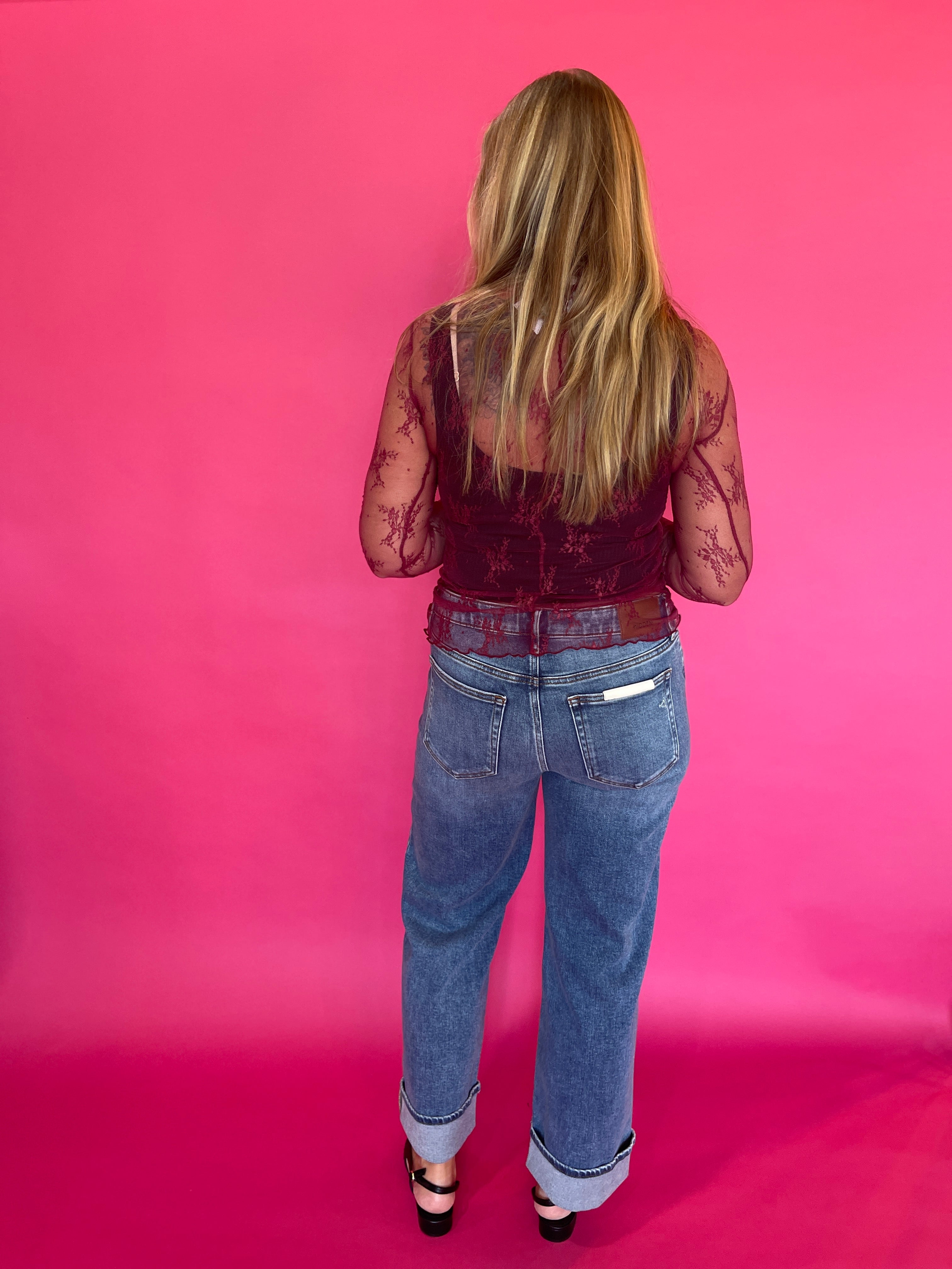 Mesh Lace High Neck Long Sleeve Top in Burgundy