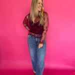 Mesh Lace High Neck Long Sleeve Top in Burgundy