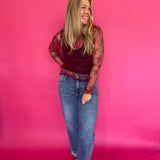 Mesh Lace High Neck Long Sleeve Top in Burgundy