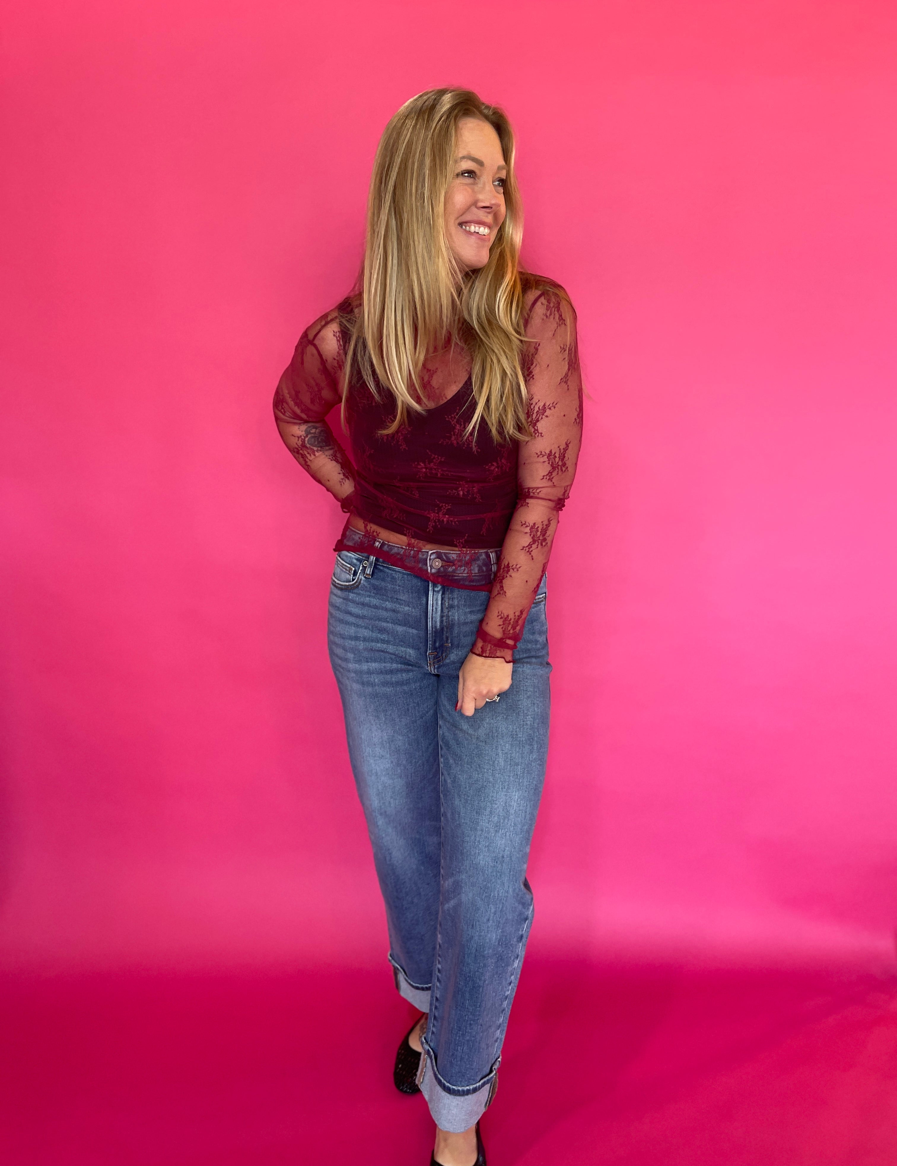 Mesh Lace High Neck Long Sleeve Top in Burgundy