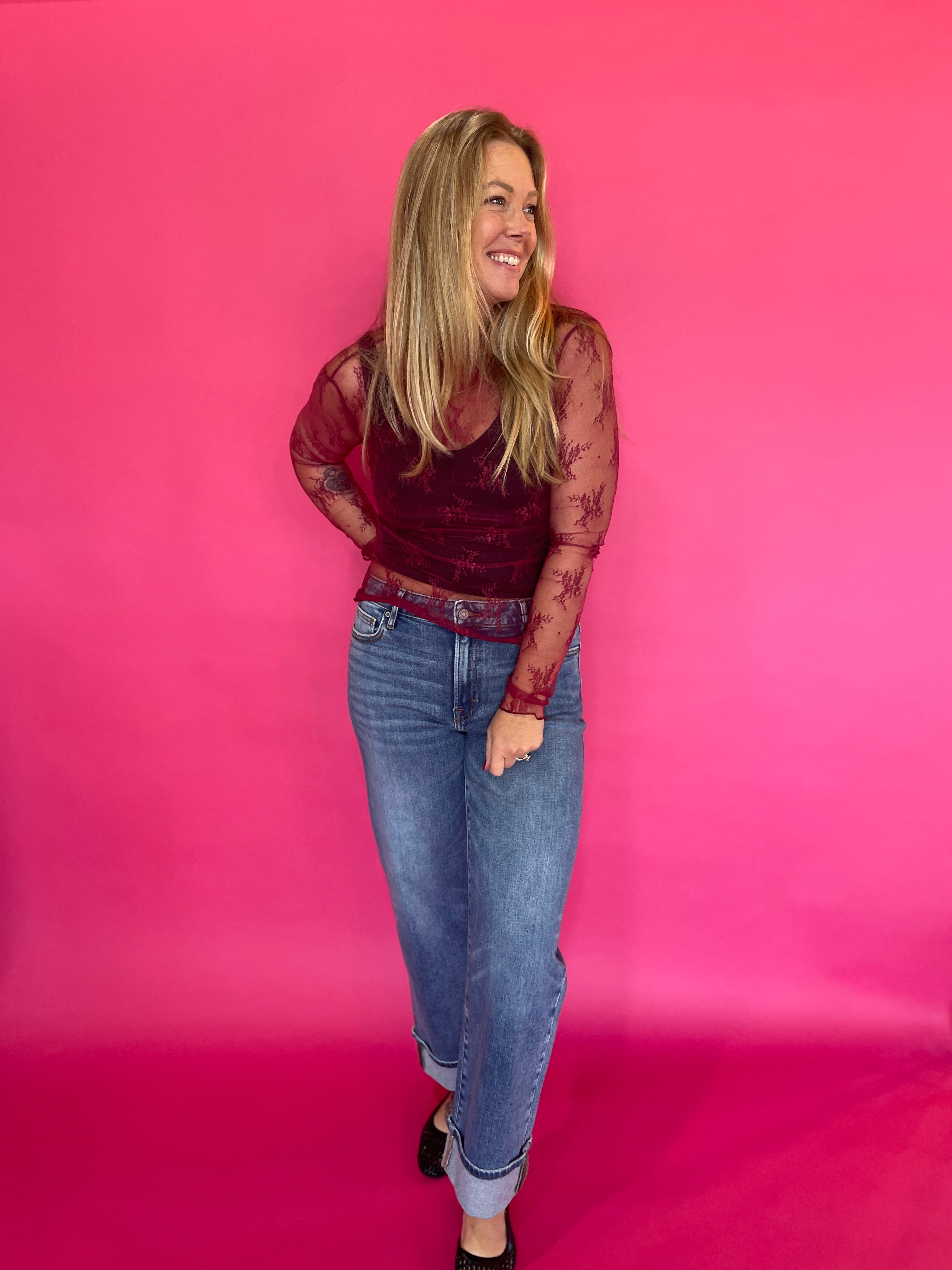 Mesh Lace High Neck Long Sleeve Top in Burgundy