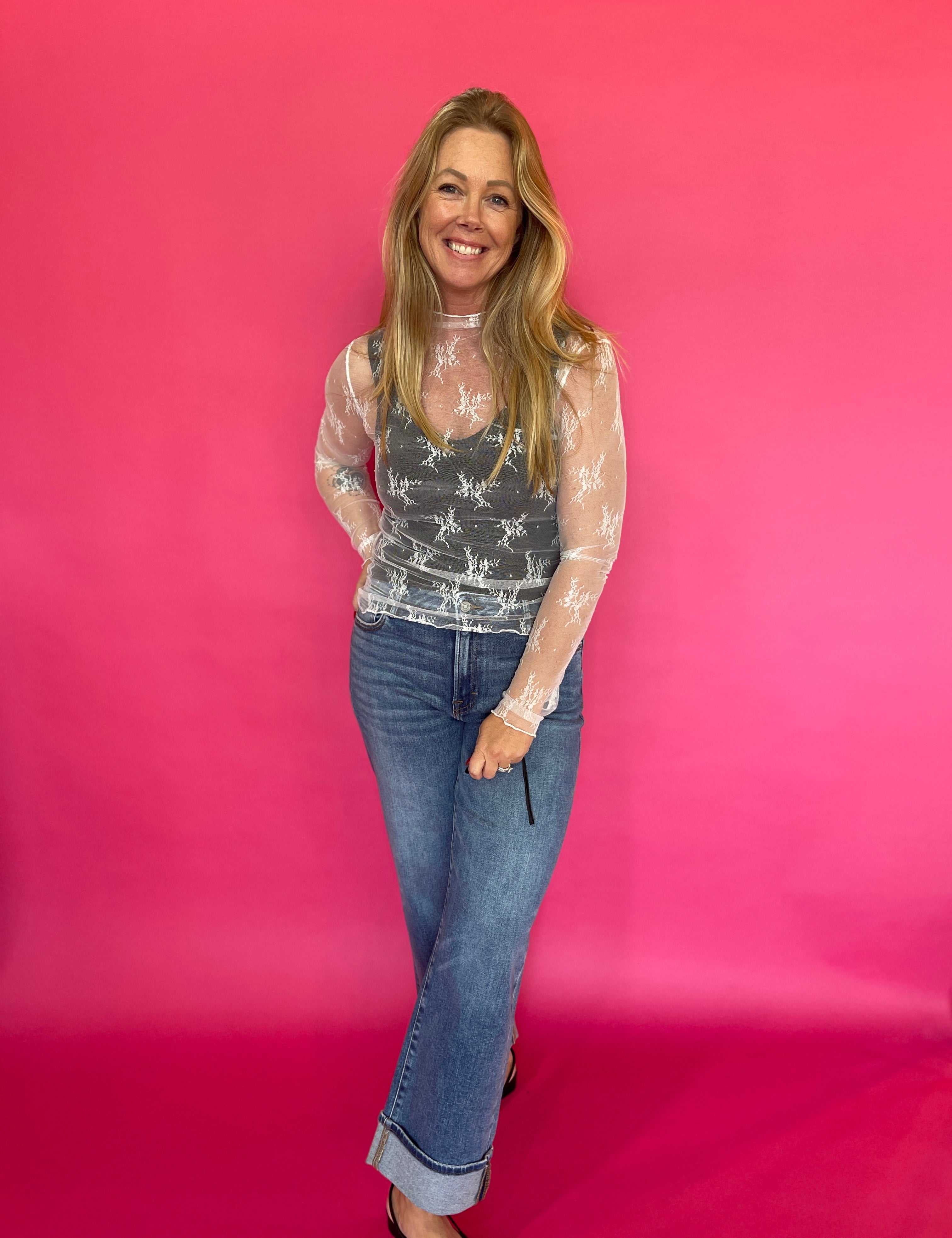 Mesh Lace High Neck Long Sleeve Top in Off White