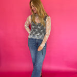 Mesh Lace High Neck Long Sleeve Top in Off White