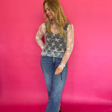 Mesh Lace High Neck Long Sleeve Top in Off White
