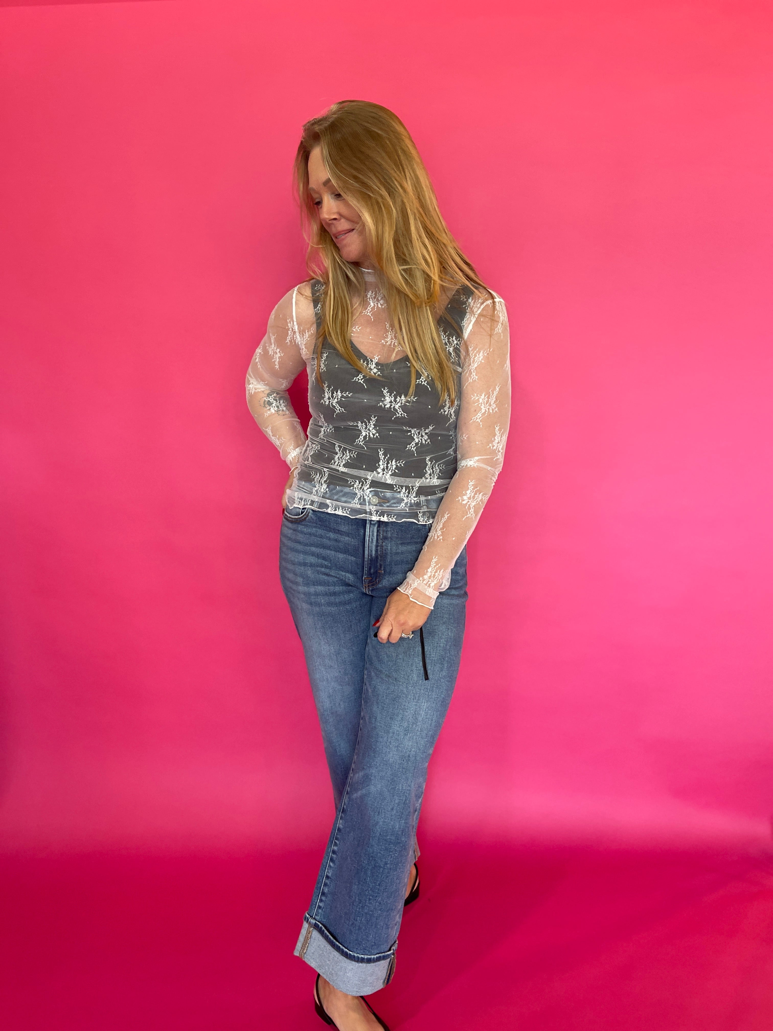 Mesh Lace High Neck Long Sleeve Top in Off White