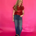 Metallic Cable Knit Mock Neck Sweater Top In Red