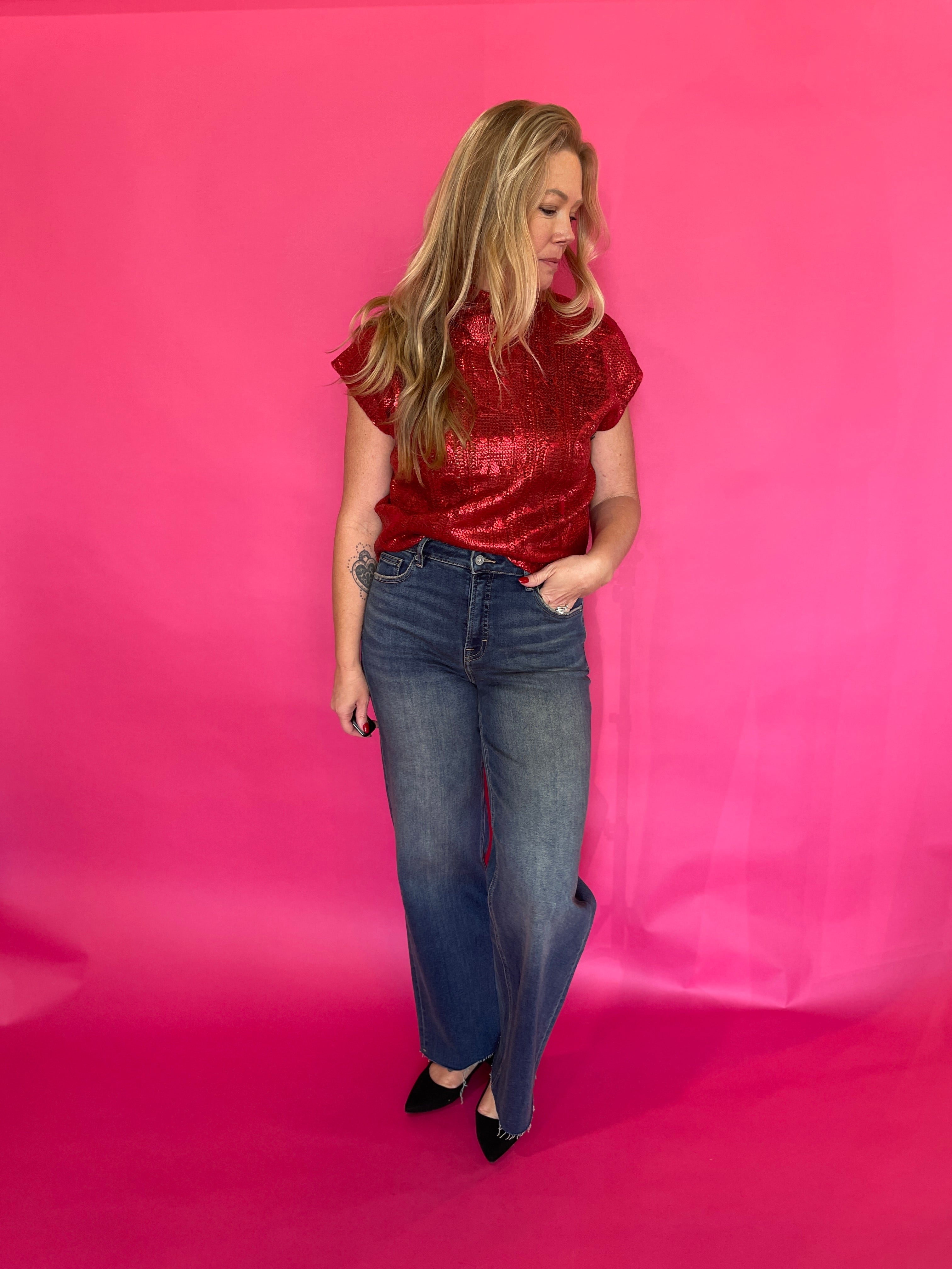 Metallic Cable Knit Mock Neck Sweater Top In Red