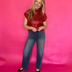 Metallic Cable Knit Mock Neck Sweater Top In Red