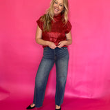 Metallic Cable Knit Mock Neck Sweater Top In Red
