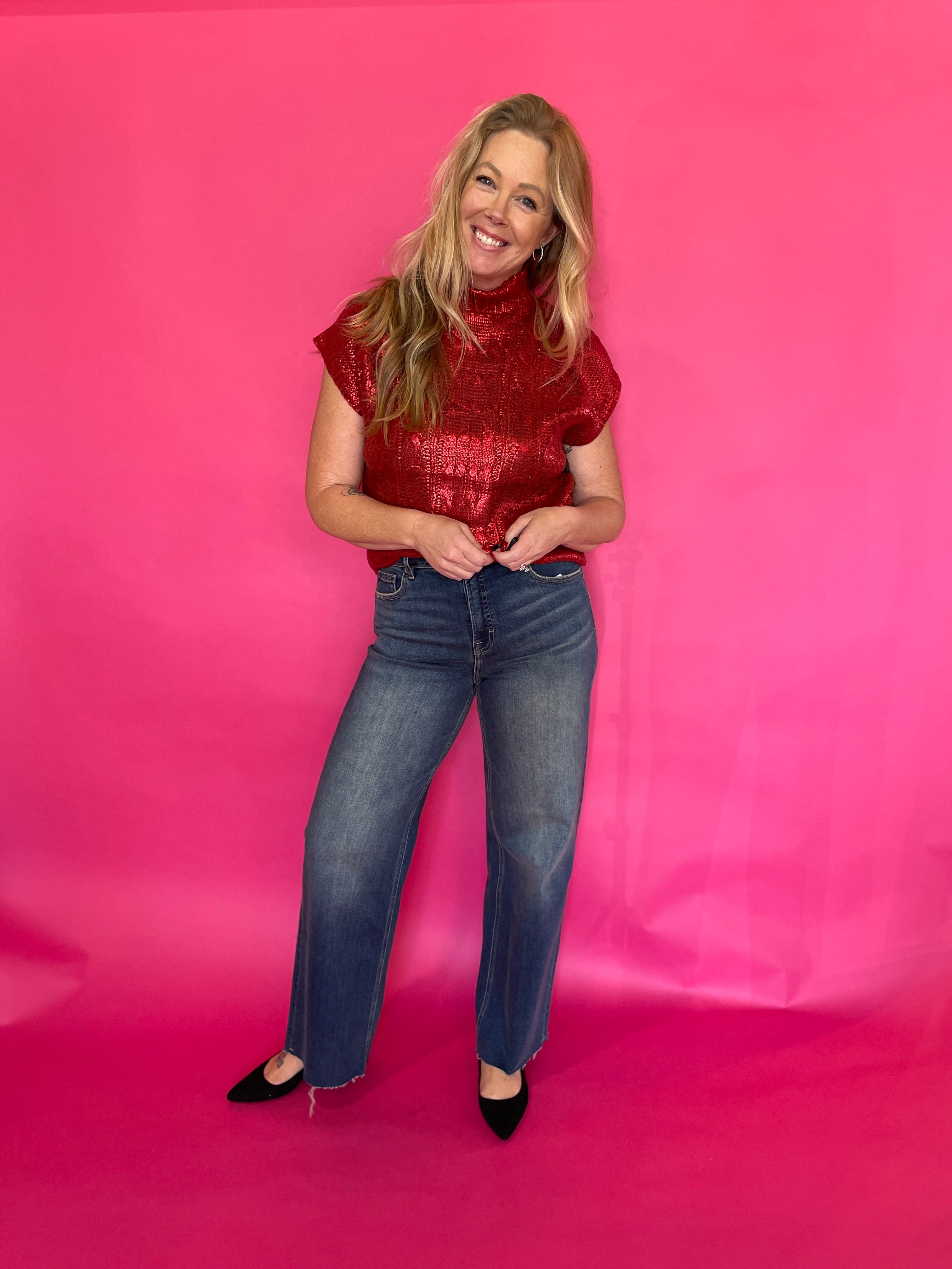 Metallic Cable Knit Mock Neck Sweater Top In Red