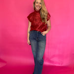 Metallic Cable Knit Mock Neck Sweater Top In Red