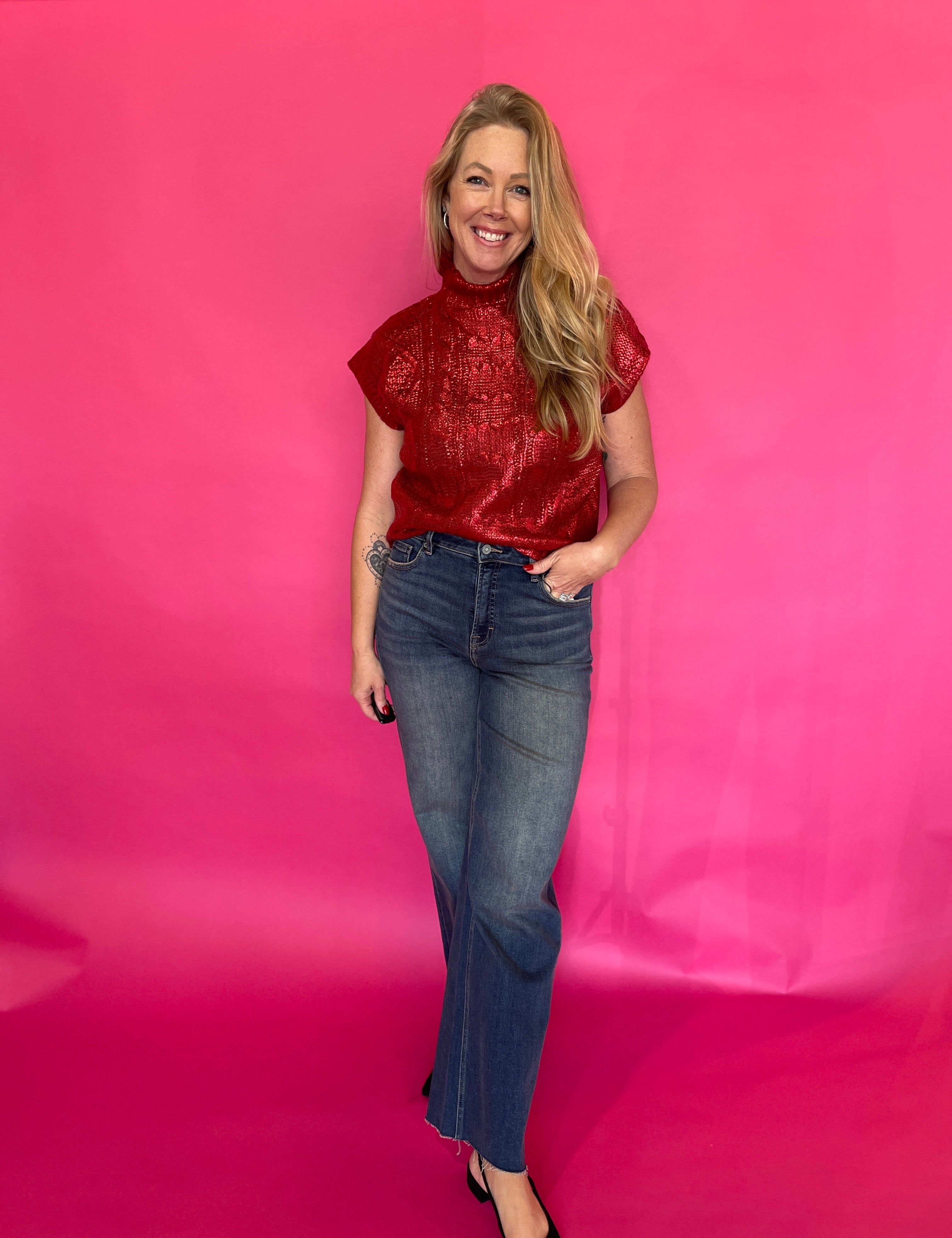 Metallic Cable Knit Mock Neck Sweater Top In Red
