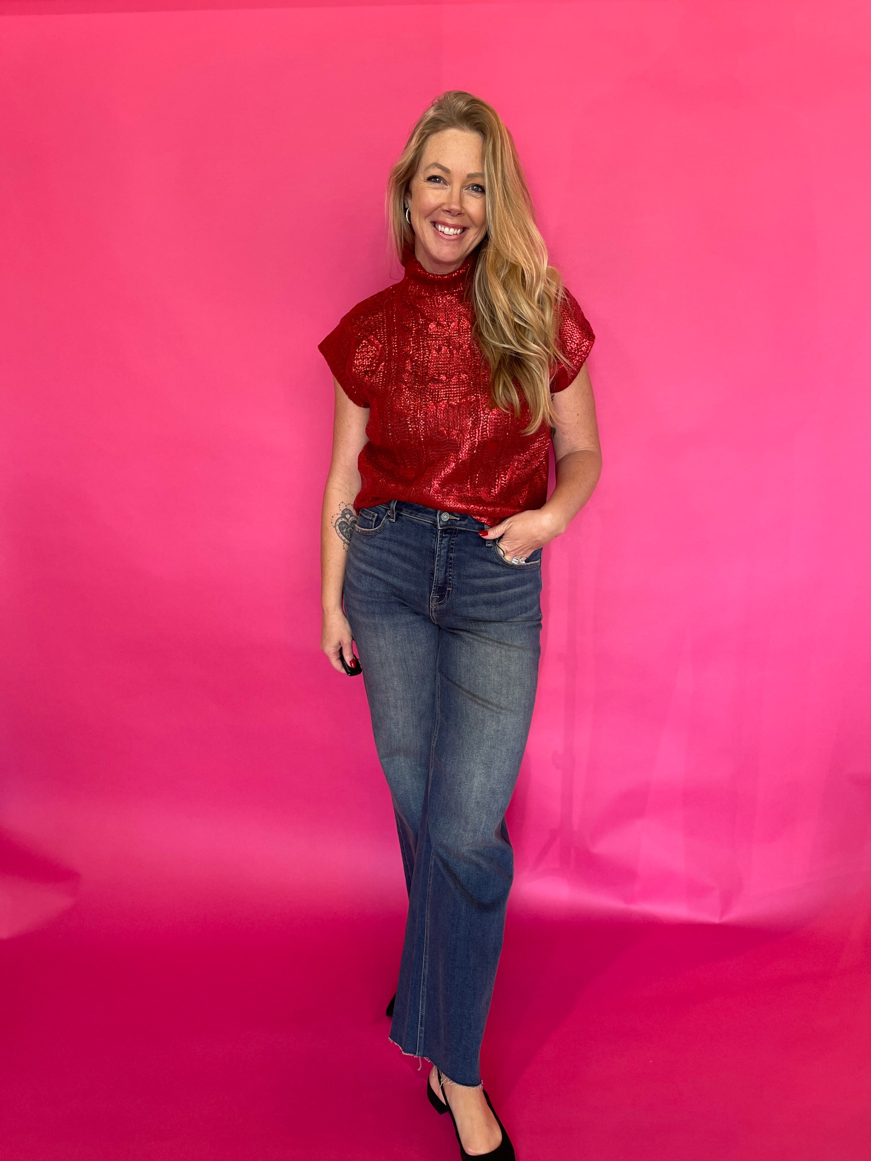 Metallic Cable Knit Mock Neck Sweater Top In Red