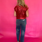 Metallic Cable Knit Mock Neck Sweater Top In Red