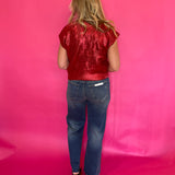 Metallic Cable Knit Mock Neck Sweater Top In Red