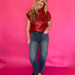Metallic Cable Knit Mock Neck Sweater Top In Red