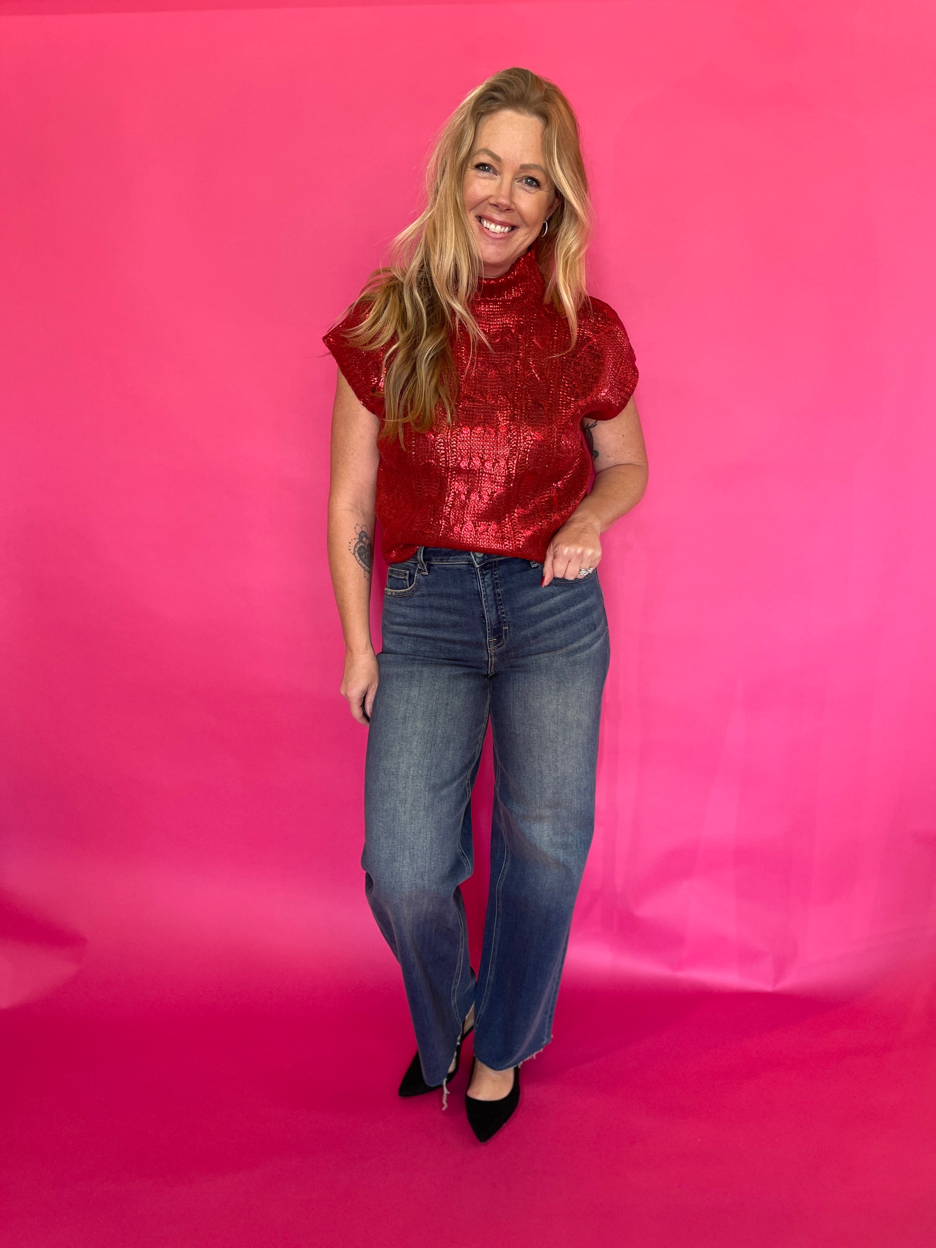 Metallic Cable Knit Mock Neck Sweater Top In Red