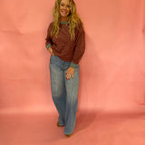 Micro Stripe Contrast Trim Sweatshirt in Berry