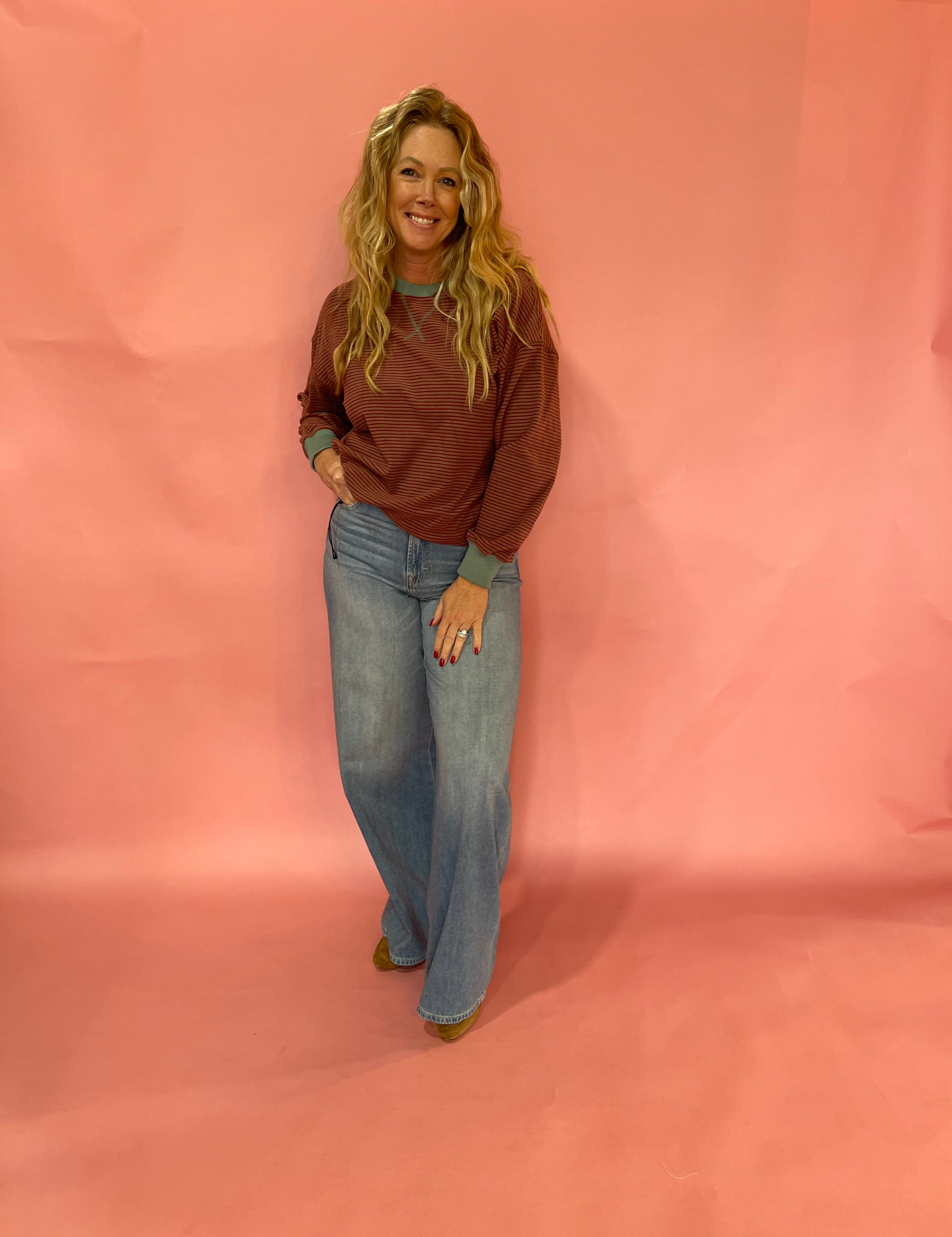 Micro Stripe Contrast Trim Sweatshirt in Berry