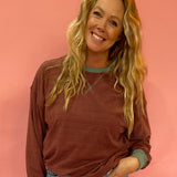 Micro Stripe Contrast Trim Sweatshirt in Berry
