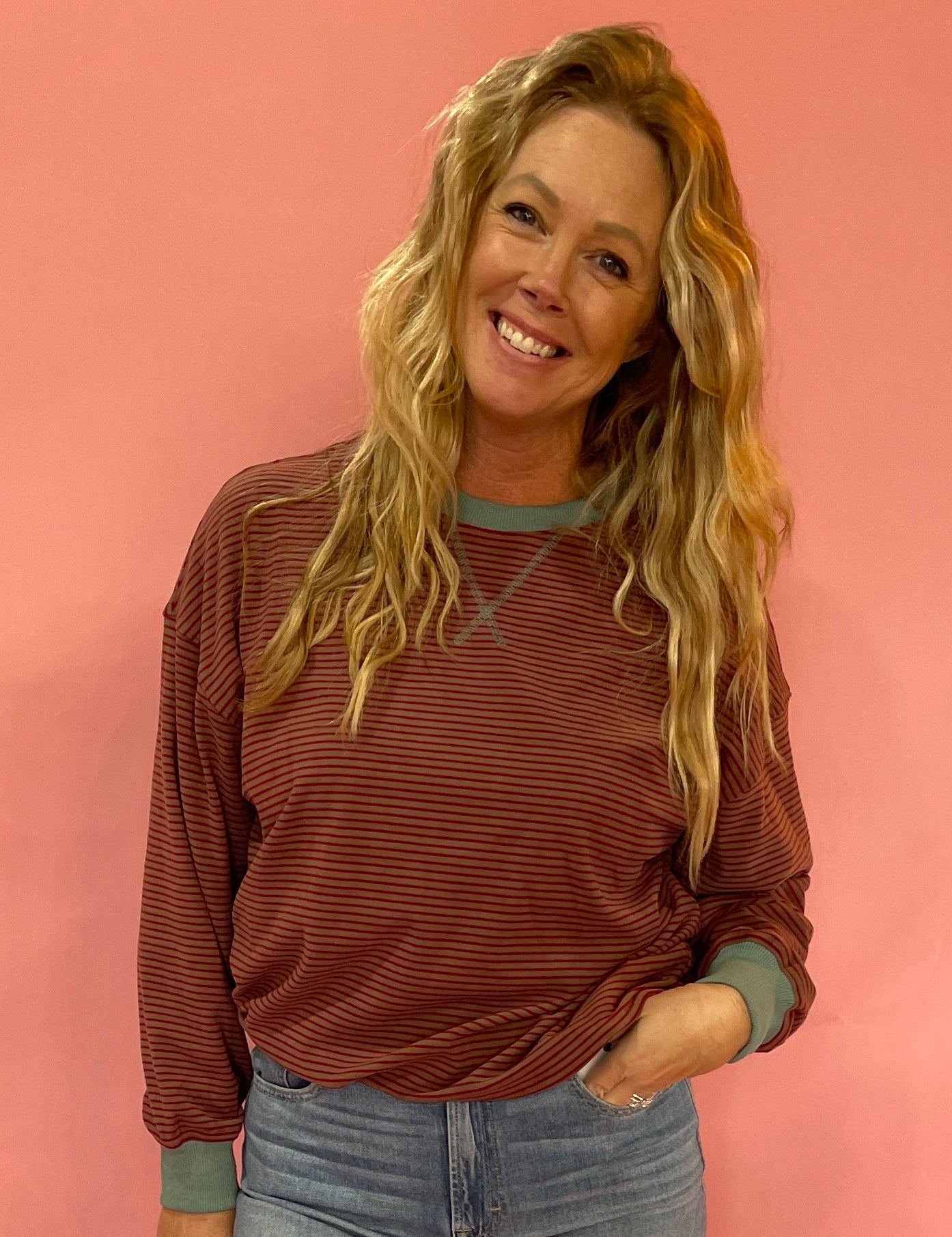 Micro Stripe Contrast Trim Sweatshirt in Berry