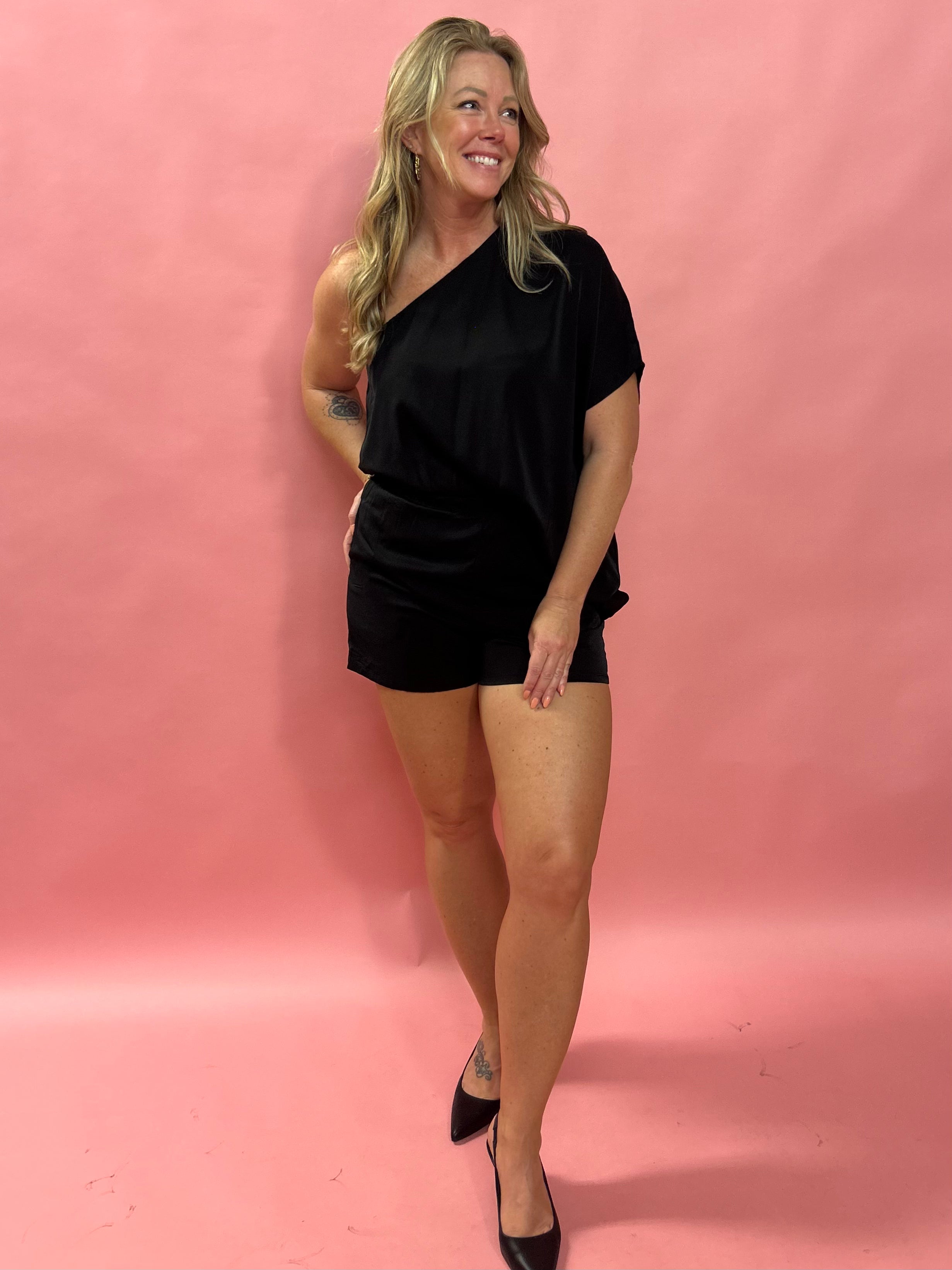 Midnight Allure One-Shoulder Romper in Black