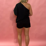 Midnight Allure One-Shoulder Romper in Black