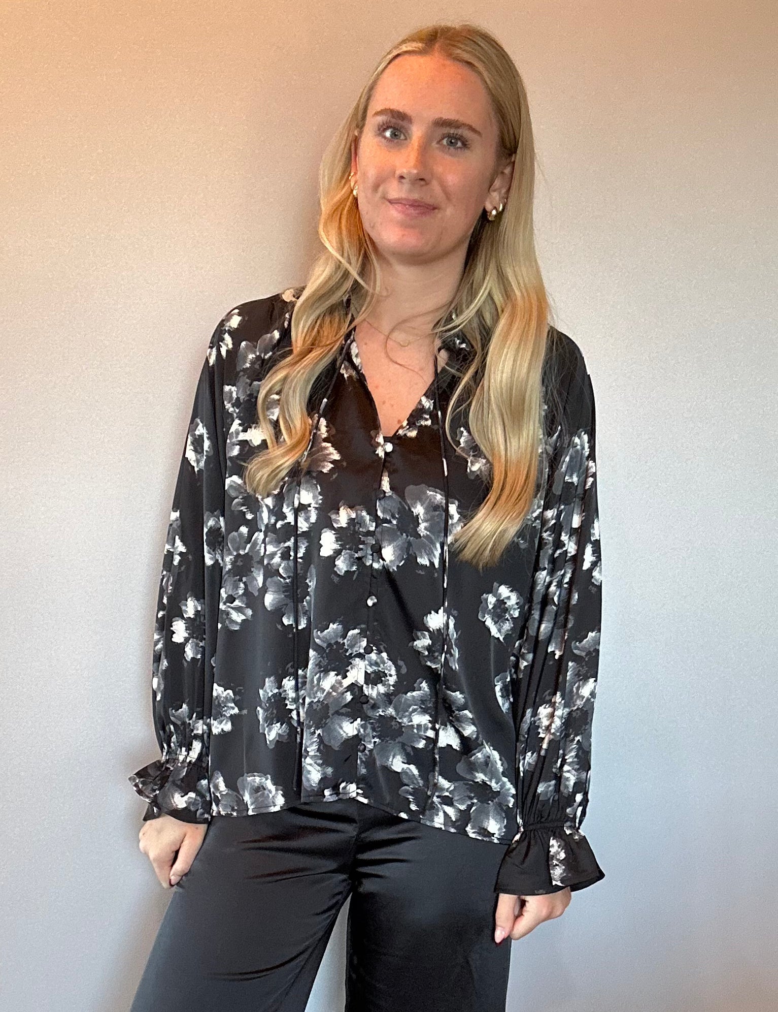 Midnight Bloom Satin Blouse in Black