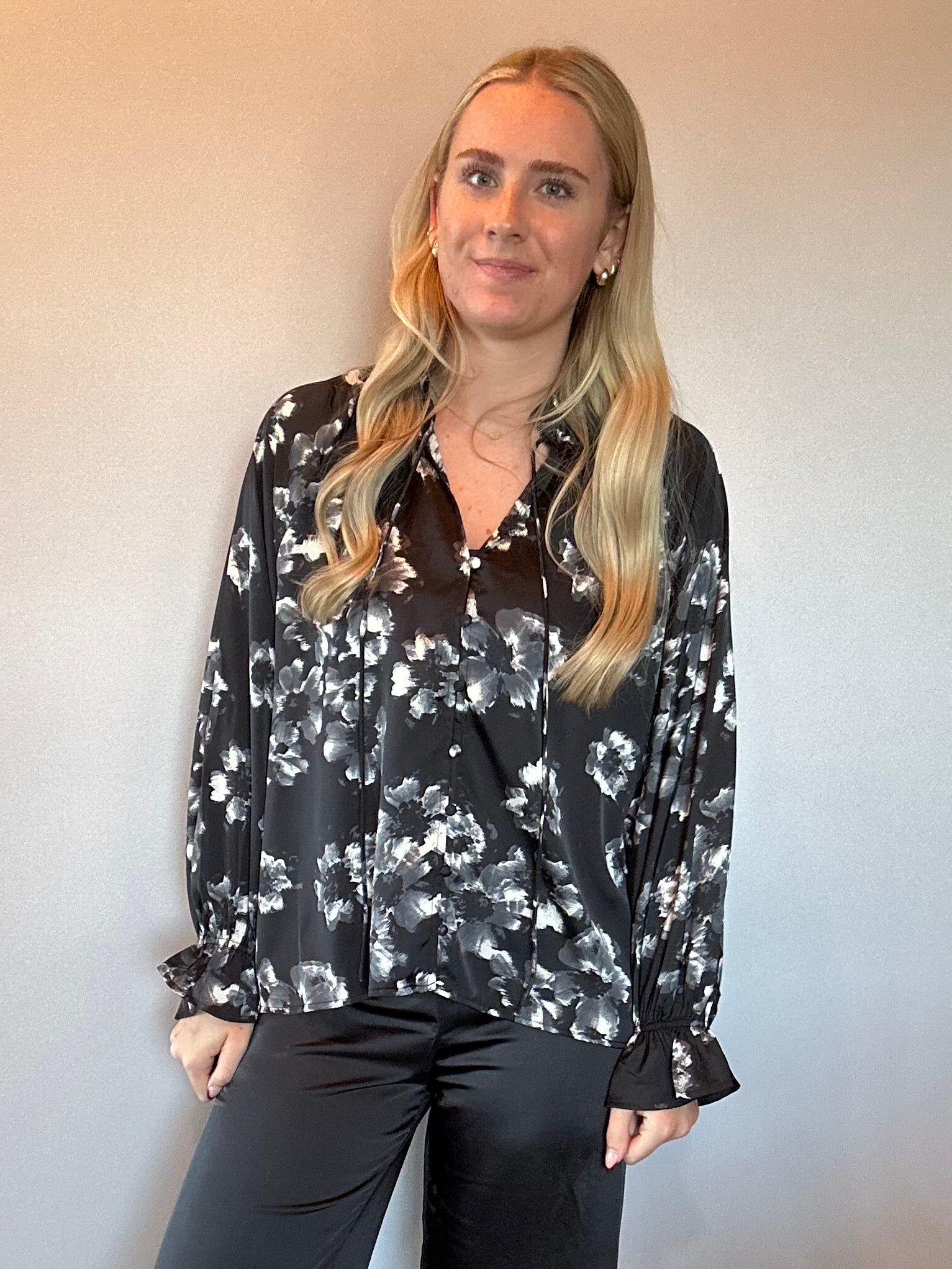 Midnight Bloom Satin Blouse in Black