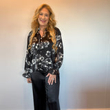 Midnight Bloom Satin Blouse in Black