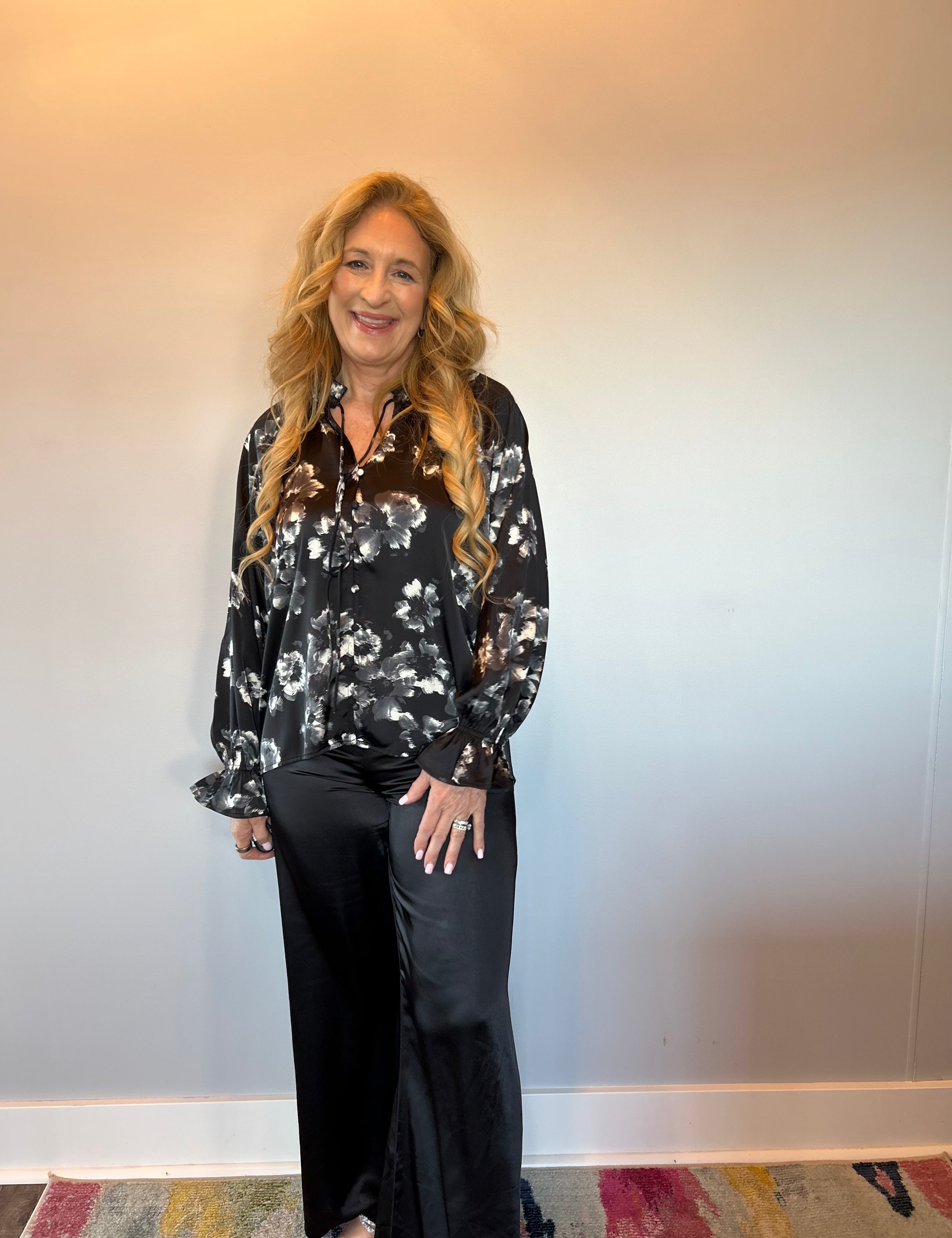 Midnight Bloom Satin Blouse in Black