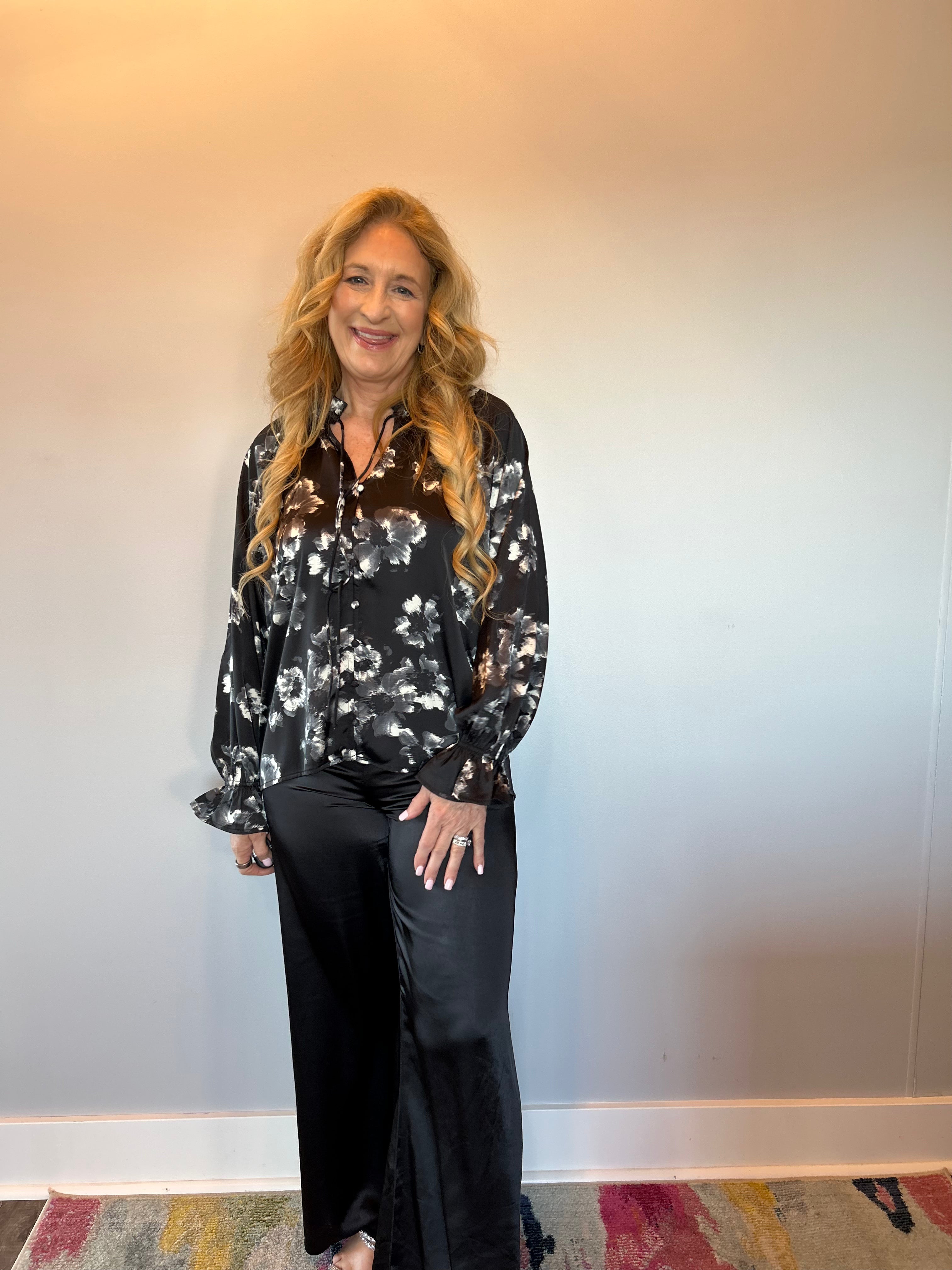 Midnight Bloom Satin Blouse in Black