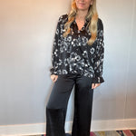 Midnight Bloom Satin Blouse in Black