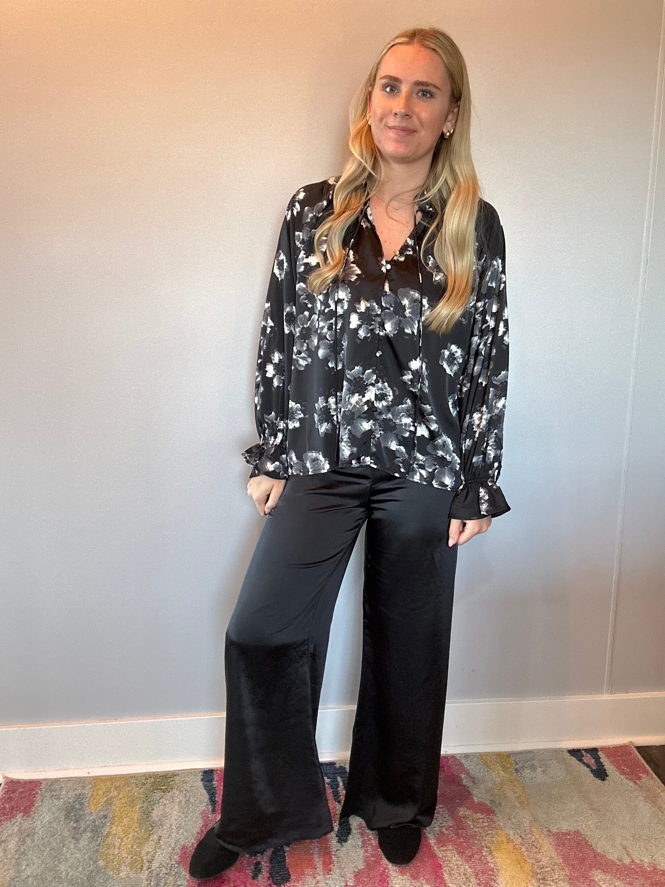 Midnight Bloom Satin Blouse in Black