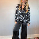 Midnight Bloom Satin Blouse in Black
