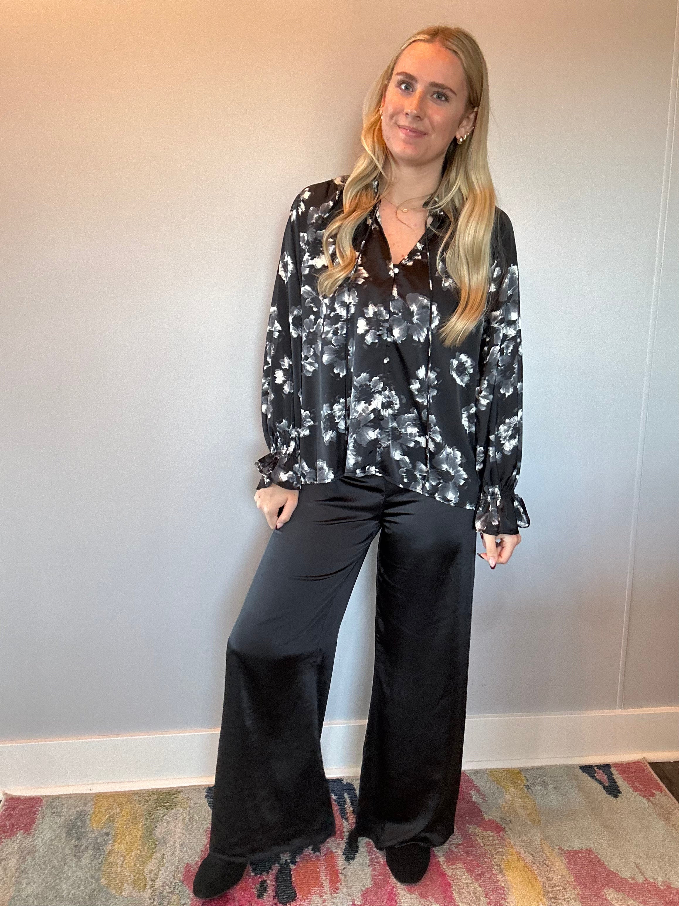 Midnight Bloom Satin Blouse in Black