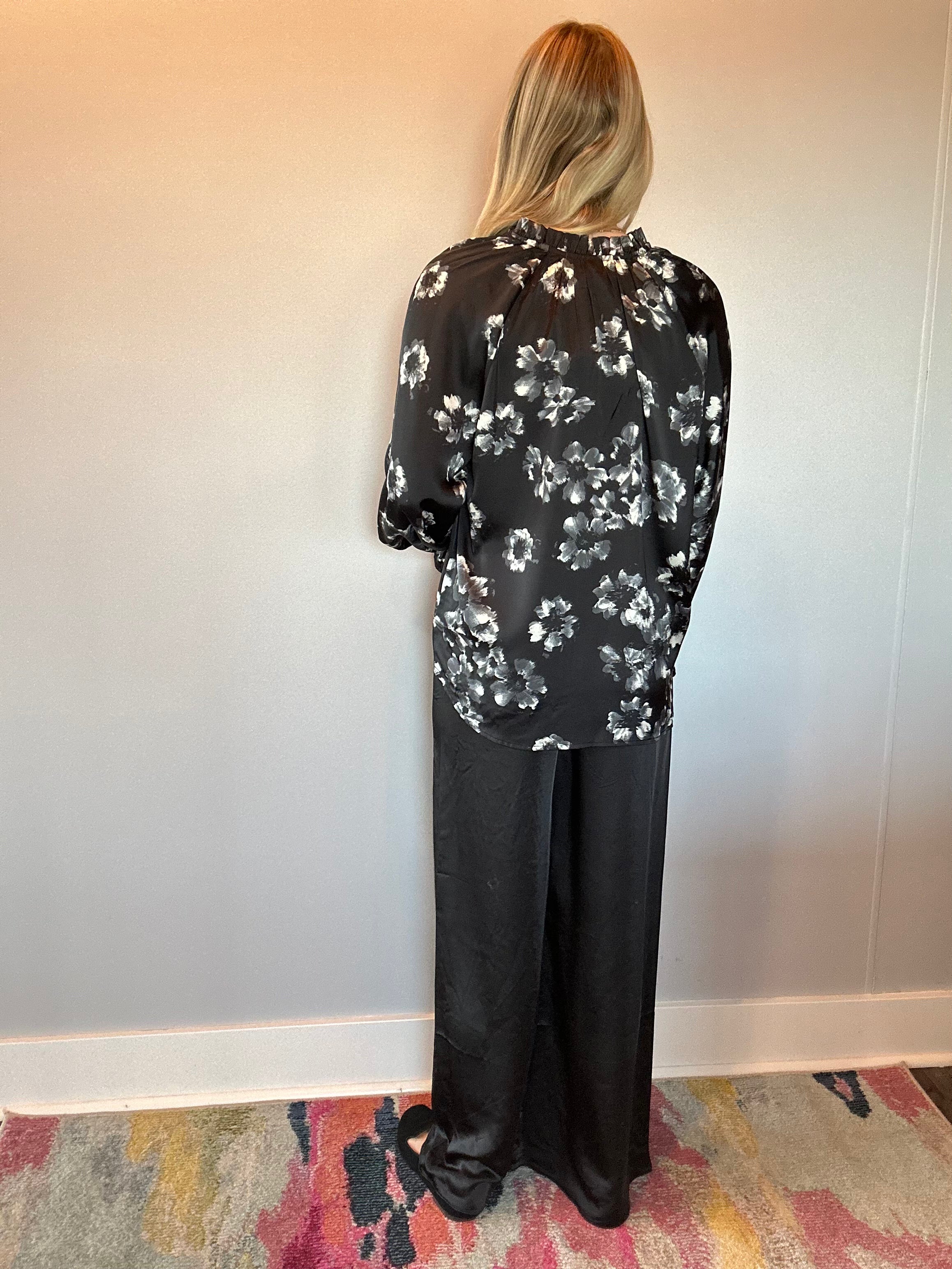 Midnight Bloom Satin Blouse in Black