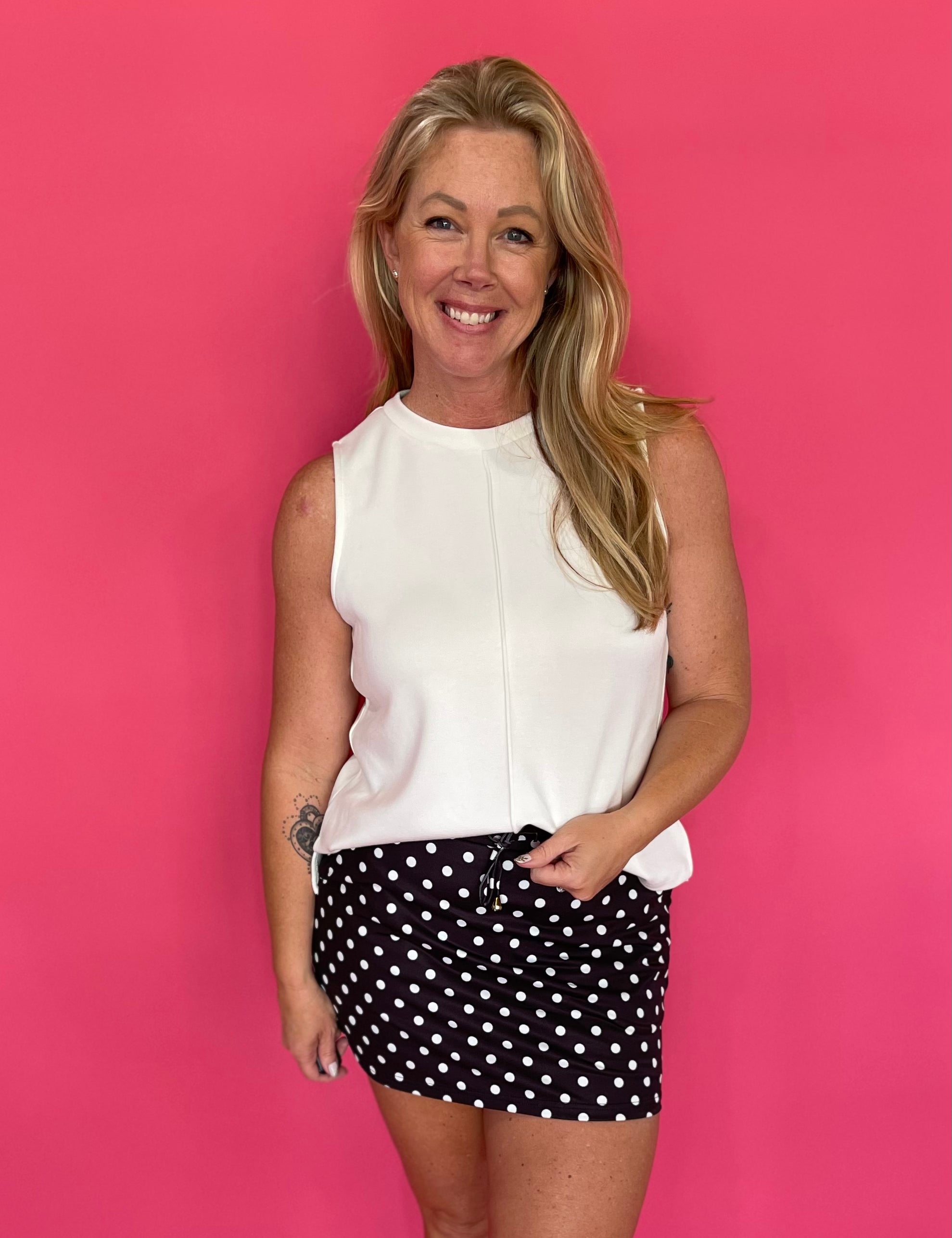Black and white polka dot skort with built-in shorts, side pockets and drawstring waist – Shabby 2 Chic Boutiques