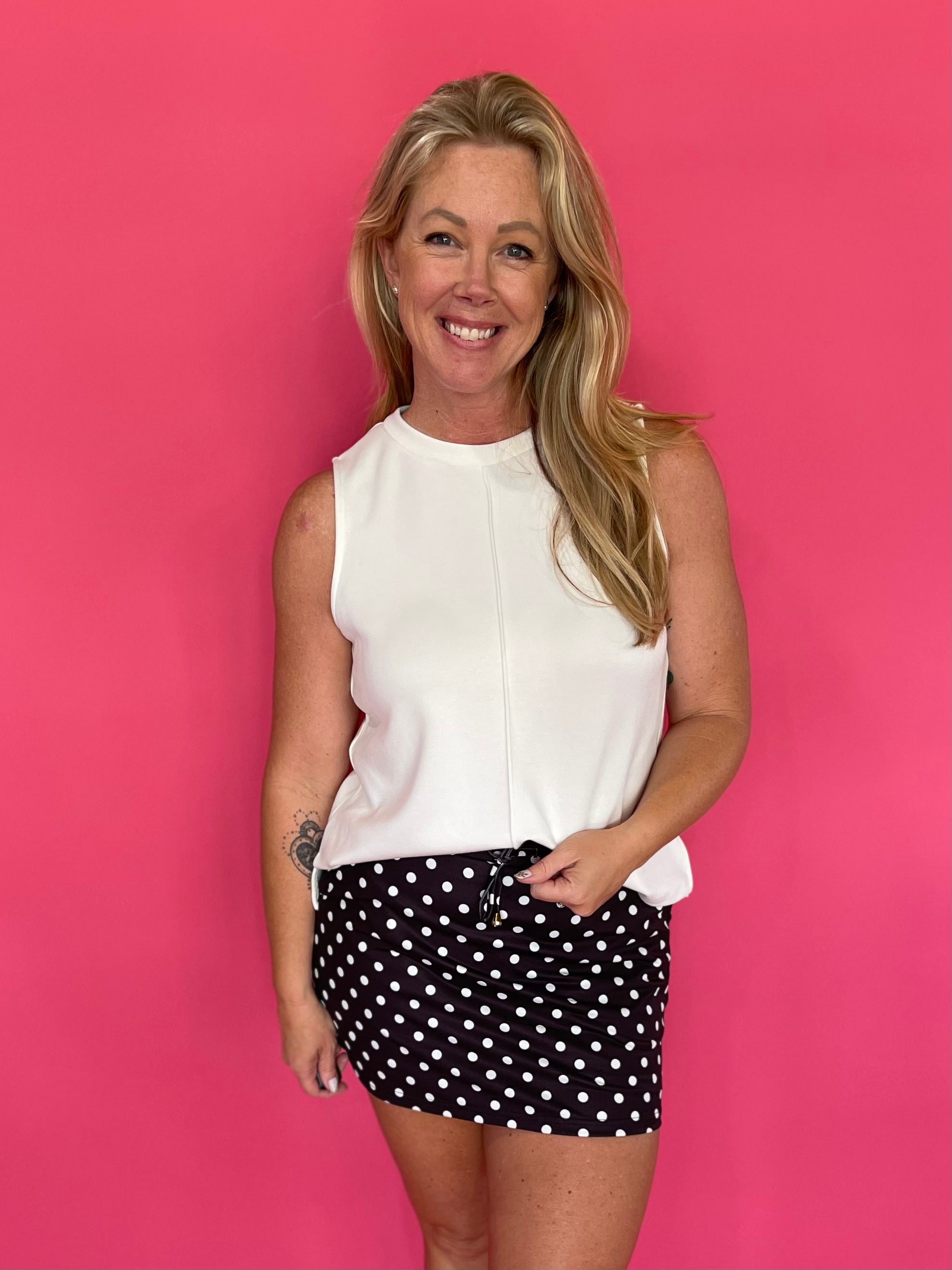 Black and white polka dot skort with built-in shorts, side pockets and drawstring waist – Shabby 2 Chic Boutiques