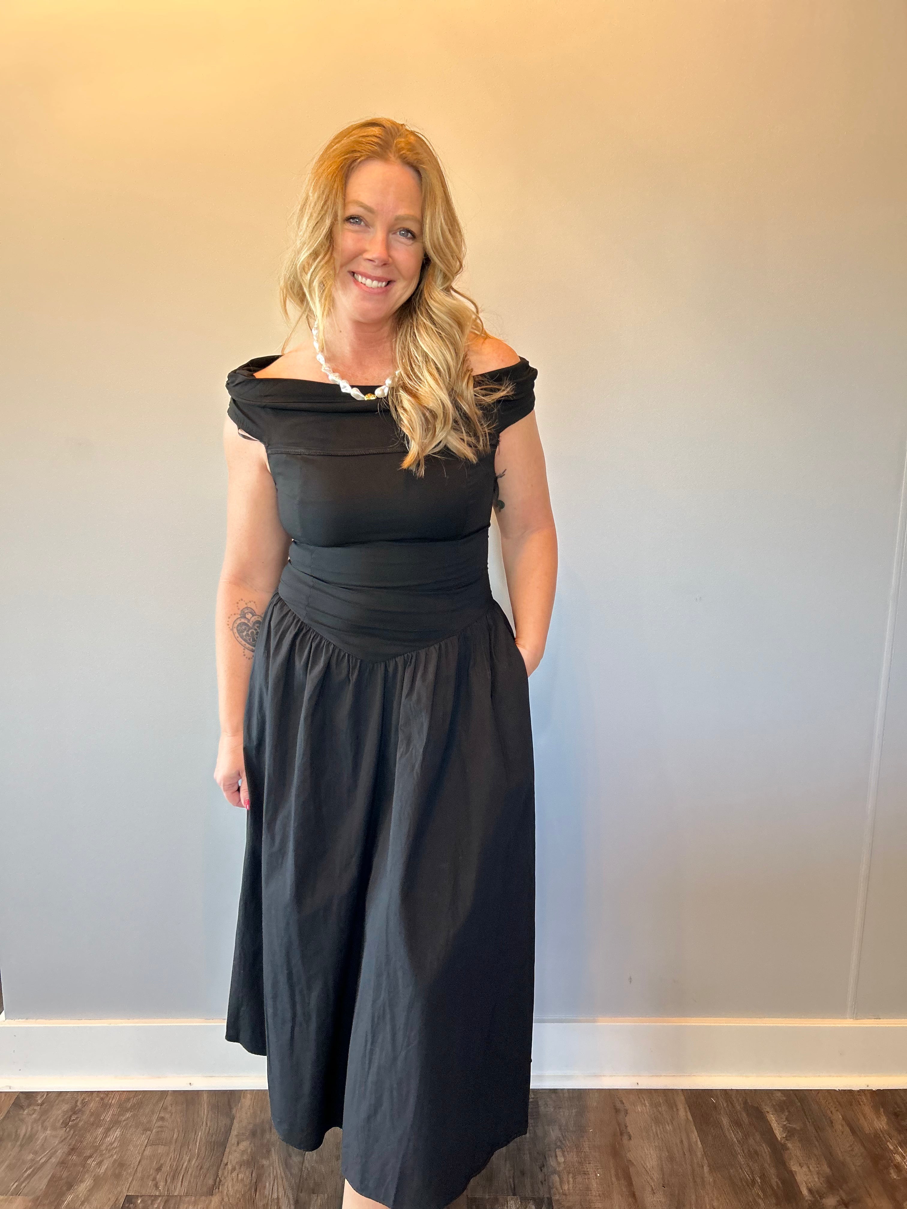 Midnight Muse Off-Shoulder Dress in Black