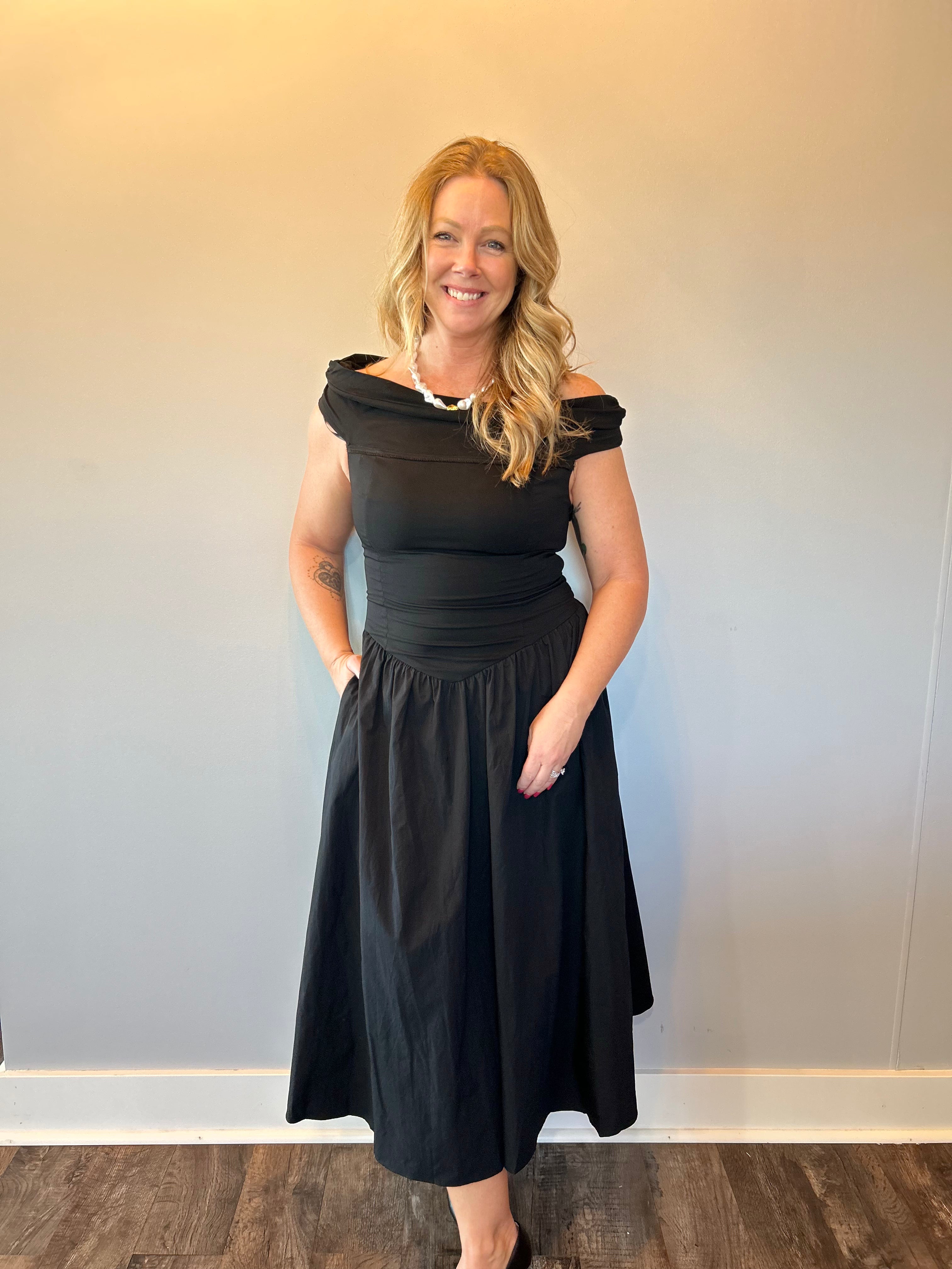 Midnight Muse Off-Shoulder Dress in Black