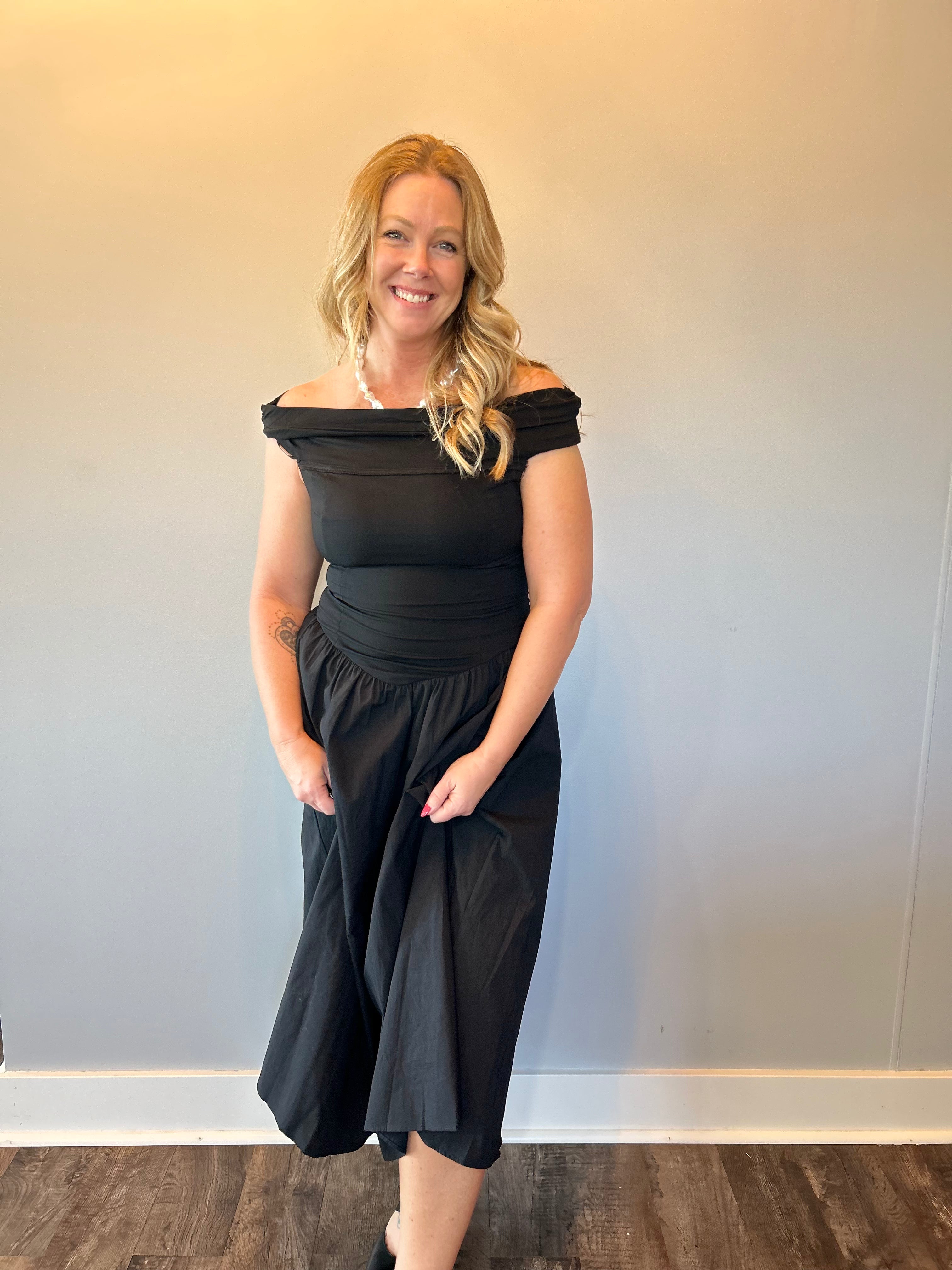 Midnight Muse Off-Shoulder Dress in Black