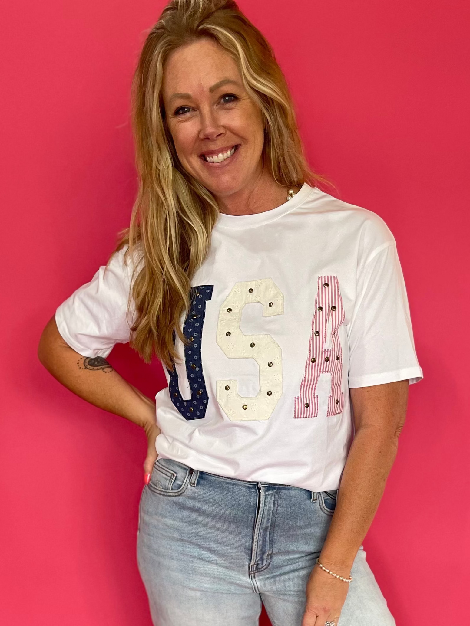 Mixed-Media Studded USA Graphic Tee