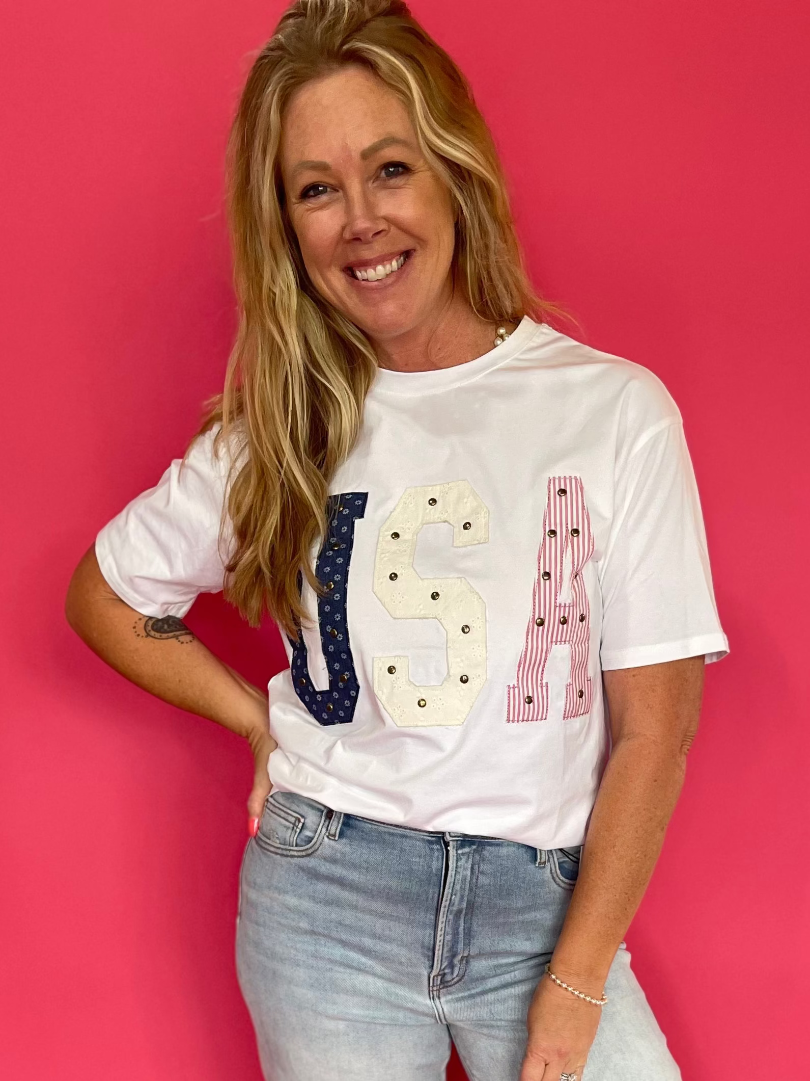 Mixed-Media Studded USA Graphic Tee