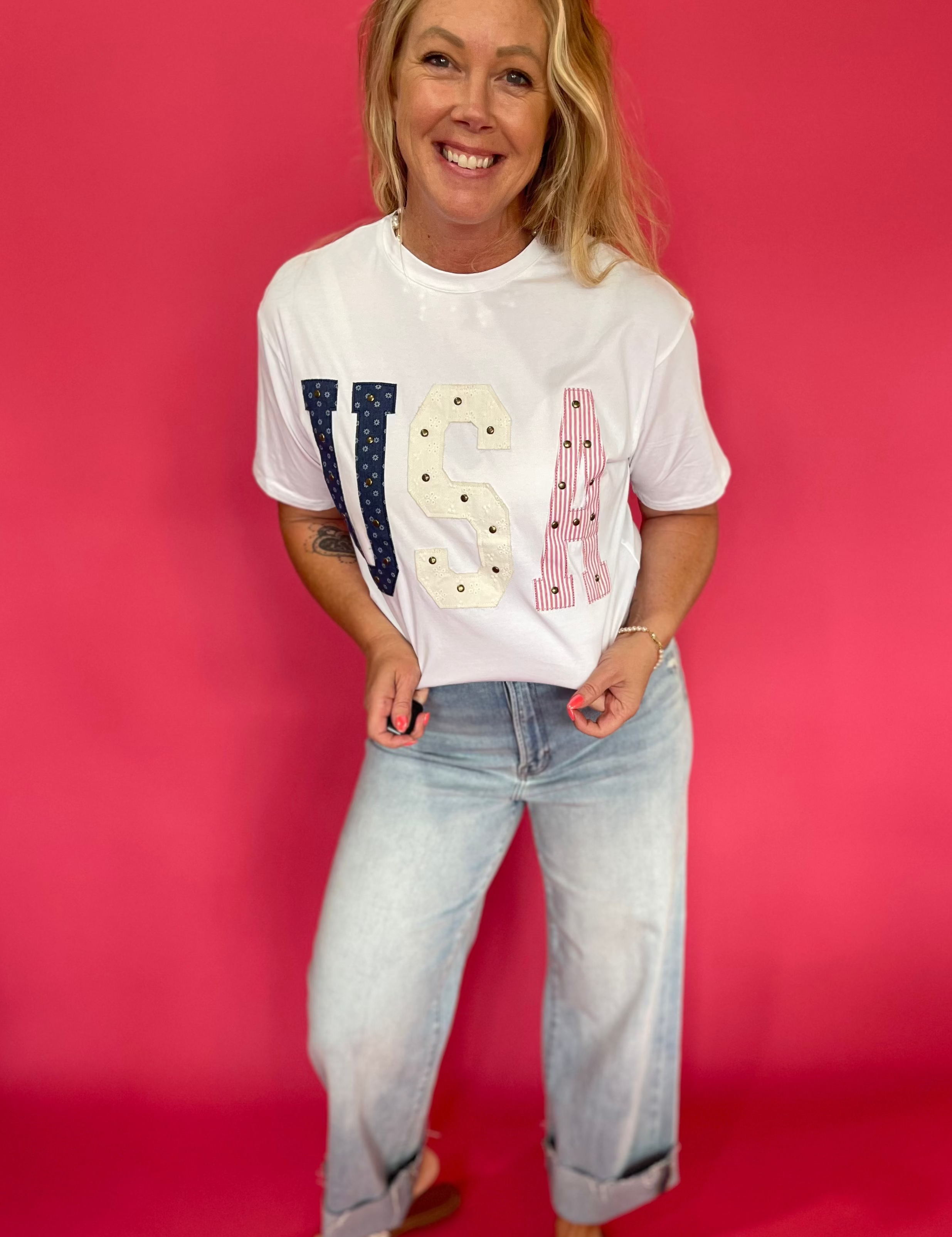 Mixed-Media Studded USA Graphic Tee