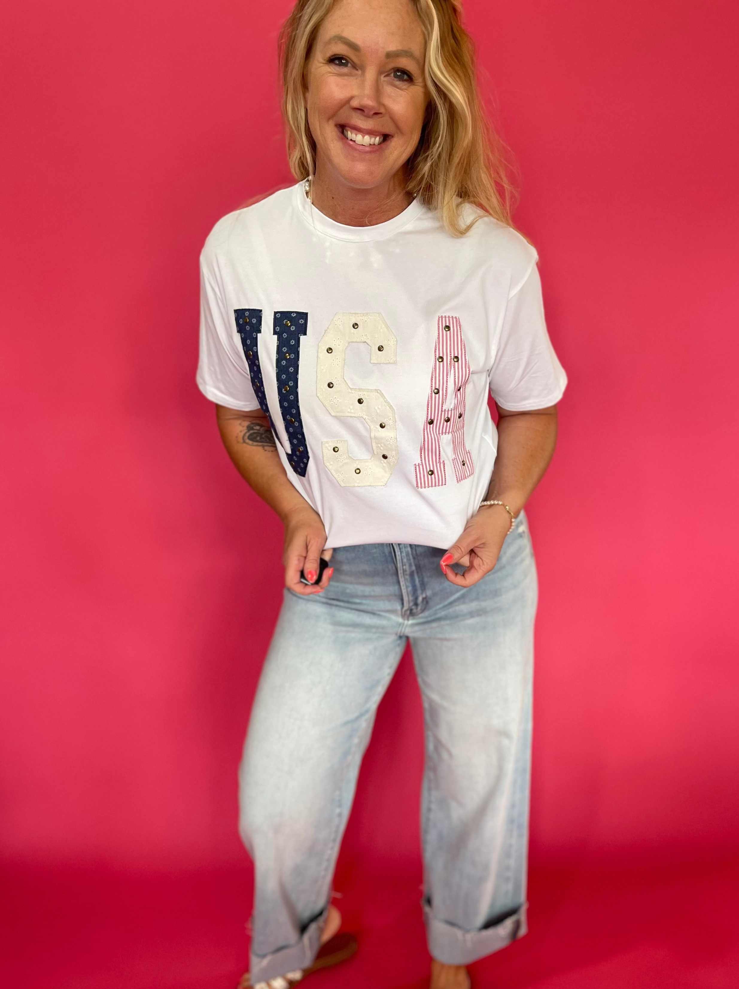 Mixed-Media Studded USA Graphic Tee