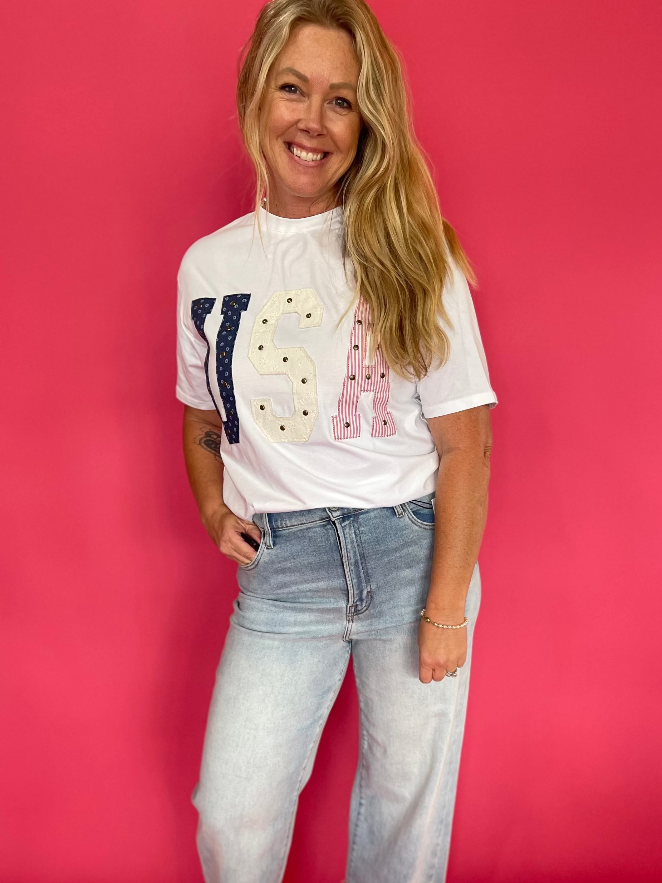 Mixed-Media Studded USA Graphic Tee